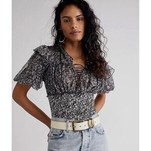 Free People Beatrice Ruffle Cropped Blouse Top Floral Printed Smocked Medium